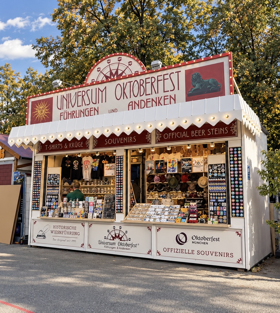 Unser Souvenirstand auf dem Oktoberfest in der Seitenansicht